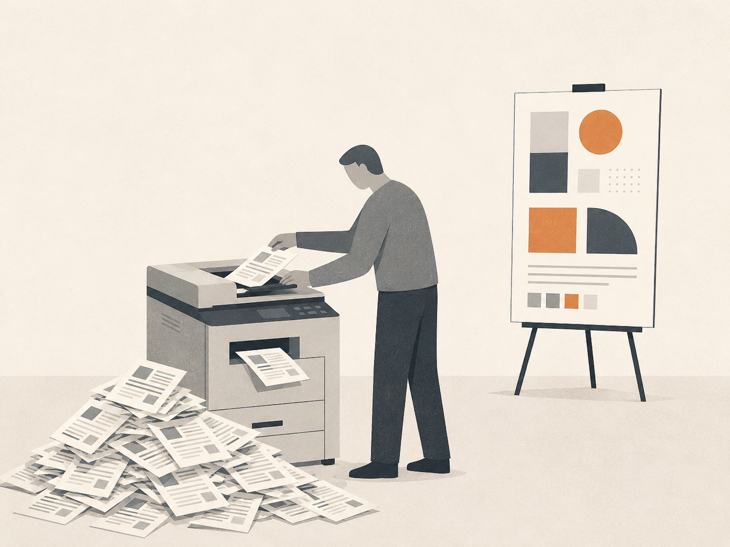 A person mechanically feeding the same photocopied page into a machine over and over, while the real document behind them has visibly changed - a stack of identical stale copies piling up on the floor.