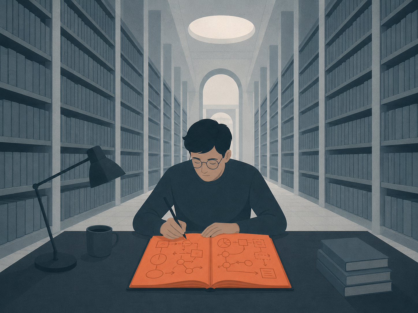 A reader sitting in a library where every book on every shelf is bound in the same color, taking notes into a single notebook of a completely different color - the notes clearly diagrams, not sentences.