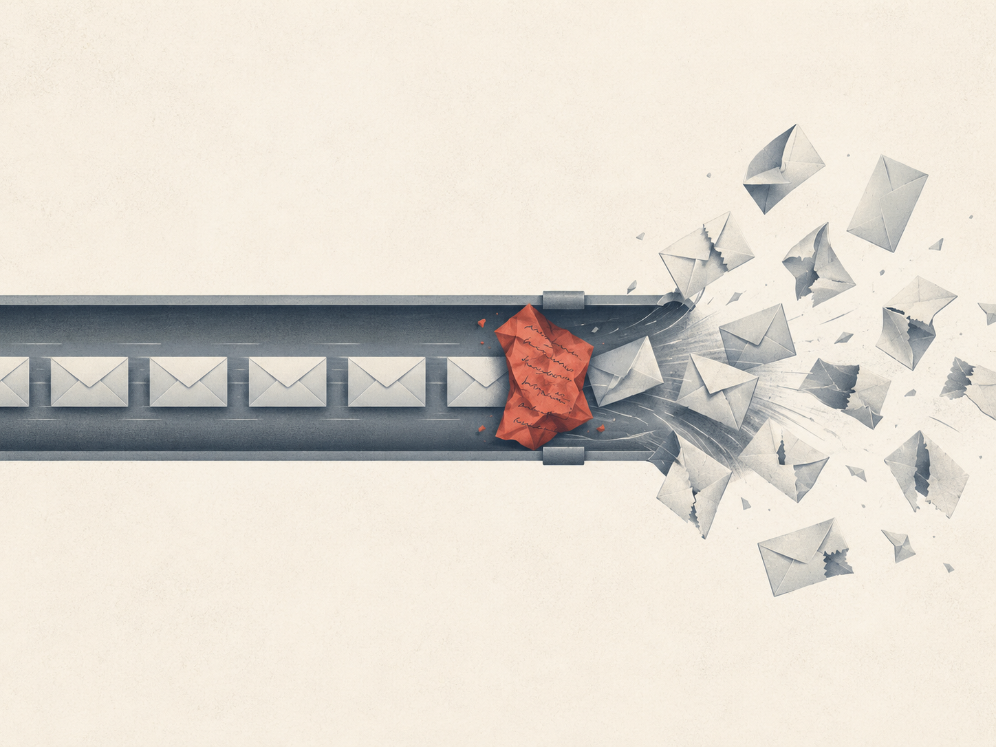 A clean pipeline of neatly stacked, identical message envelopes flowing left to right, with one crumpled handwritten note jammed sideways into the stream, causing the envelopes downstream to scatter and tear.