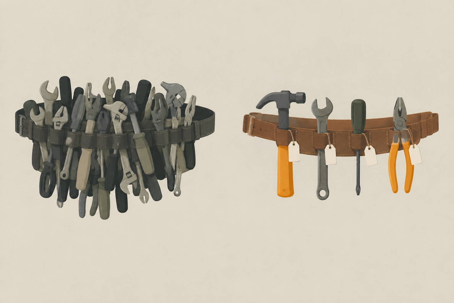 Two toolbelts side by side: one overloaded with a dozen near-identical, unlabeled tools crammed into every loop, the other holding four distinct tools, each with a clear handwritten tag tied to it.