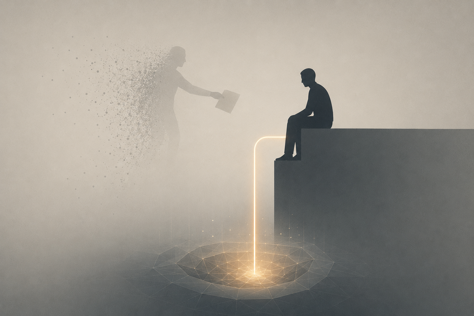 A figure handing over a photocopy is fading out; in their place, a direct glowing line runs from a reasoning silhouette straight down into a live, softly pulsing data source.